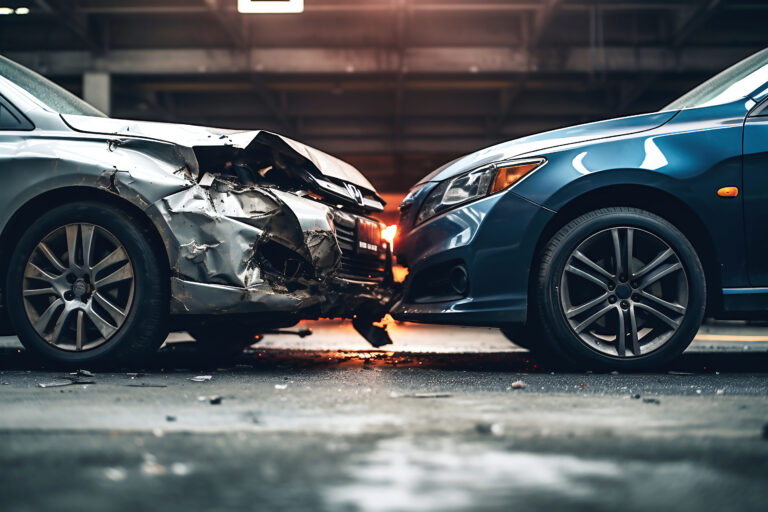 Car accident of two cars, collision of cars. Two cars are damaged after a head-on collision, a car accident. Car accident on the street, damaged cars after collision. Violation of traffic rules.