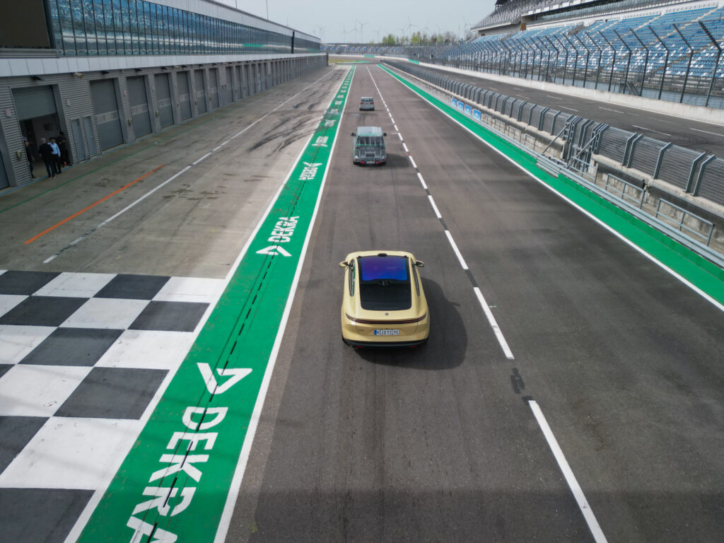 Overhead view of collision testing of Nio vehicles at DEKRA Lausitzring