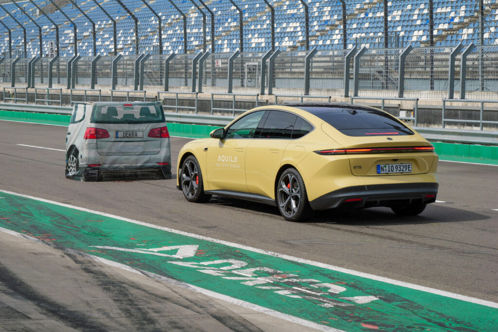 Nio test vehicle hard emergency brakes before soft target at DEKRA Lausitzring