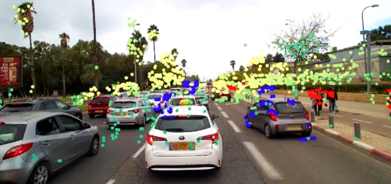 Colored dots simulate the dense data generated by Mobileye Imaging Radar, offering higher precision than previous systems.