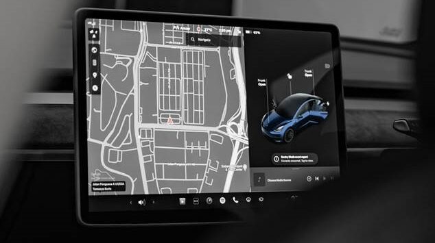 An in-vehicle screen displays mapping and other information.