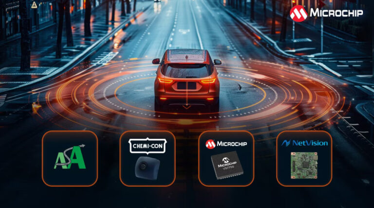 Microchip partners with Nippon Chemi-Con and NetVision on ASA-ML camera development ecosystem for Japanese market A render of a connected vehicle on an urban street, surrounded by digital communications and displays.