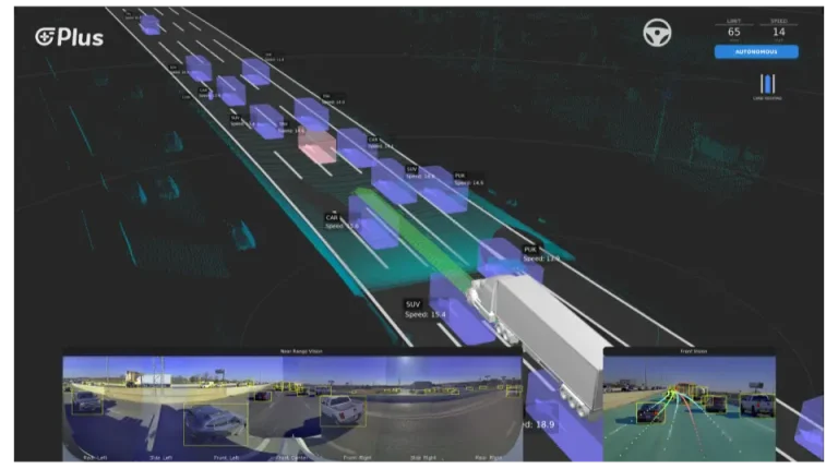 PlusAI announces KPIs for commercial readiness A computer visualization of an autonomous driving software, with various vehicles on a highway and a corner image featuring real-life camera footage