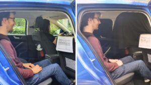Test vehicle with subject in the backseat with (left) and without (right) a view on the road ahead and sideways.