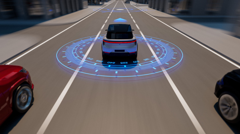 OPINION: How smarter GNSS tech can close the urban canyon A self-driving car on a road, surrounded by a digital interface displaying speed, distance, and navigation data. Nearby, two cars on either side