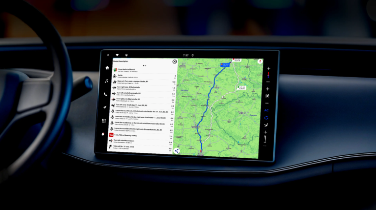 Magic Lane and P3 offer privacy-first navigation for SPARQ OS Infotainment displaying a route mapped out with information on the left-hand side.