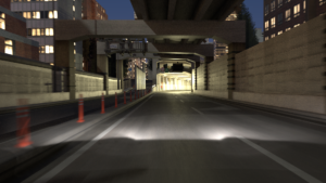 Motion blur of fast moving objects accurately simulated as shown by these traffic cones.