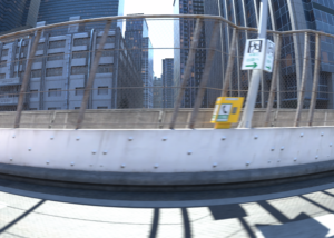 The rolling shutter effect causes straight objects to appear slanted.