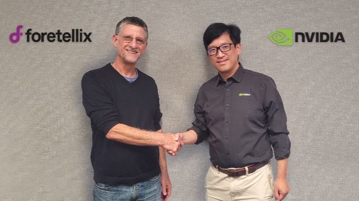 Foretellix integrates Foretify physical AI toolchain with Nvidia Drive AV platform Ziv Binyamini, CEO and co-founder at Foretellix, and Xinzhou Wu, vice president of automotive at Nvidia, shake hands, The company logos are superimposed on top of the image