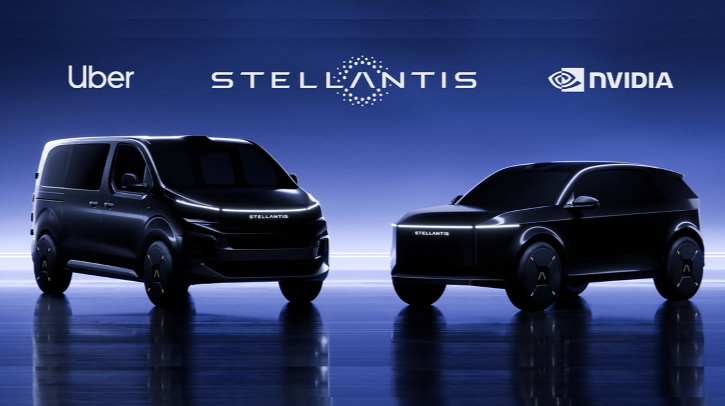 Stellantis partners with Nvidia, Uber and Foxconn to advance Level 4 robotaxi development Logos for Stellantis, Nvidia, Uber and Foxconn above autonomous vehicles against a blue background