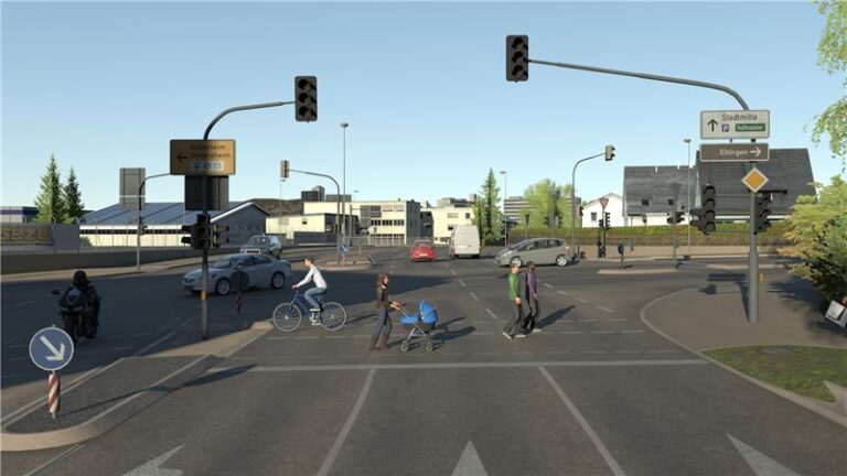 A four-way intersection with pedestrians crossing the road and a cyclist passing from right to left