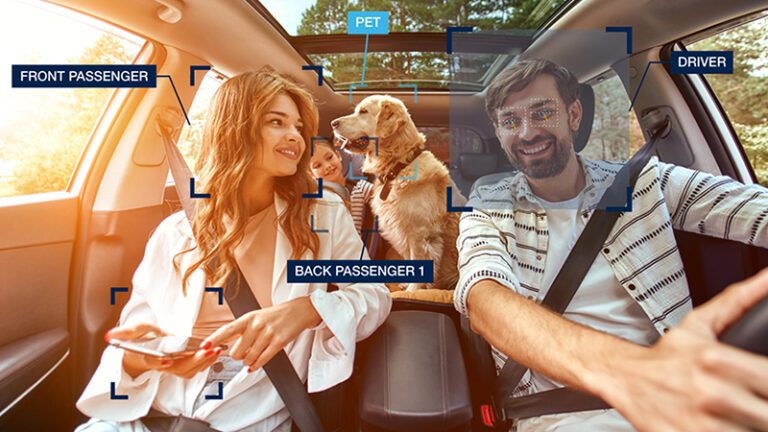 INterior of a vehicle with a driver and passenger, and a child and a dog in the rear, with graphical overlays illustrating how the interior sensing technology detects them. The sun is shining through the windows.