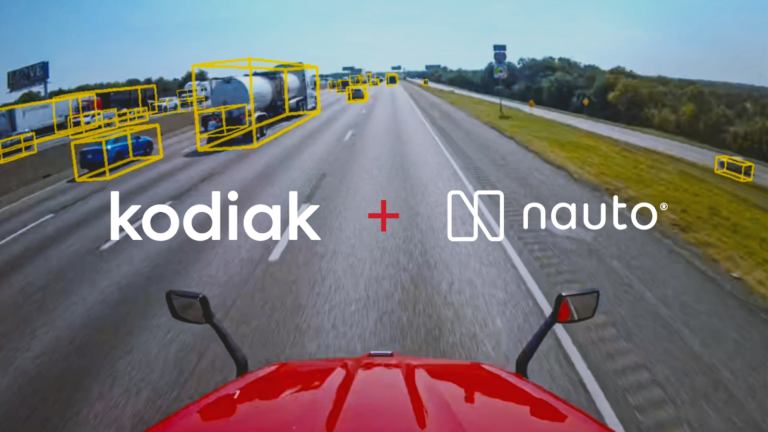 Kodiak’s self-driving trucks achieve top score in Nauto driver safety evaluation A Kodiak truck on a highway, with another truck highlighted in yellow to demonstrate its autonomous driving capabilities. It is a bright sunny day with moderate traffic on the highway.