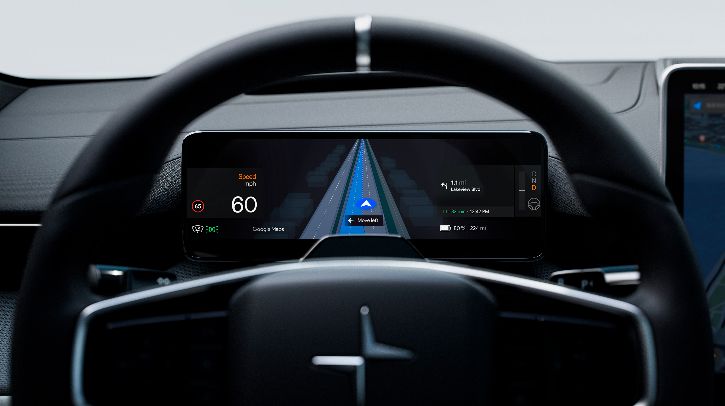 Inside a Polestar 4 with Google Maps’ latest live lane guidance into the driver display.