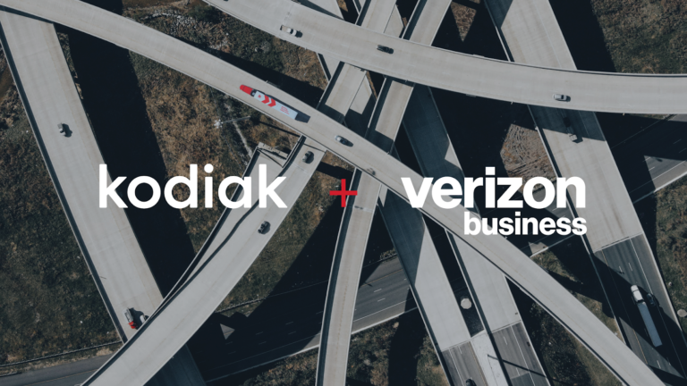 Aerial image of a highway intersection with several overlapping roads, and the Kodiak and Verizon company names and logos over the top