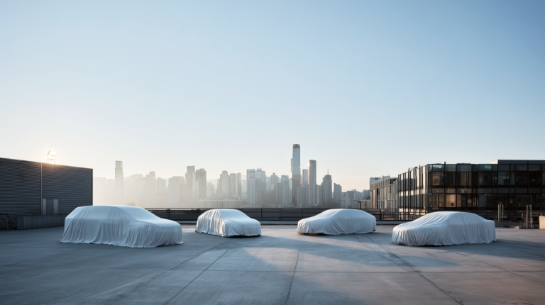Cars hidden under white sheets on a rooftop.