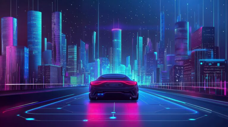 A car drives along a dark futuristic urban street at night with neon skyscrapers in the distance and bright pink rear tailights
