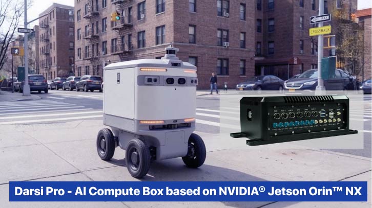 An autonomous delivery vehicle drives along the sidewalk in a busy urban environment.