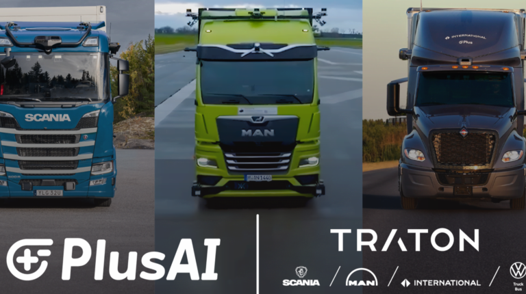 Three trucks with PlusAI and Traton company logos located at the bottom of the image.