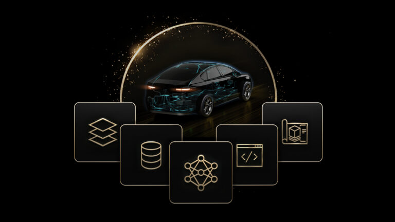 Graphic with a range of shapes and symbols illustrating the Nvidia Alpamayo family of open-source AI models and tools, with a black vehicle at the top of the image