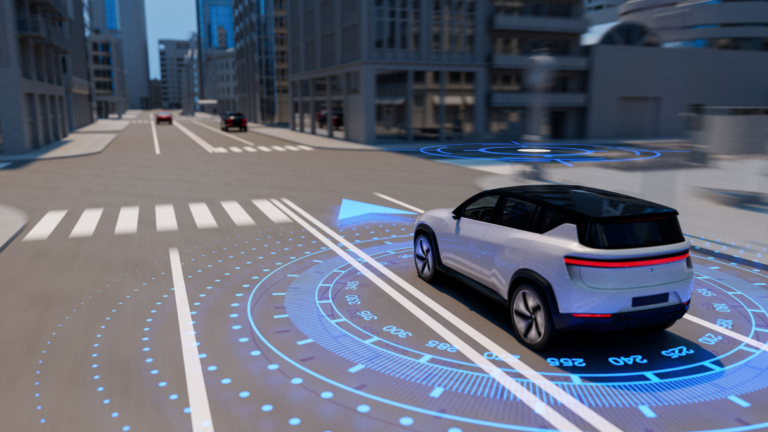 A car and its navigational positioning illustrated by a circle of blue lights.