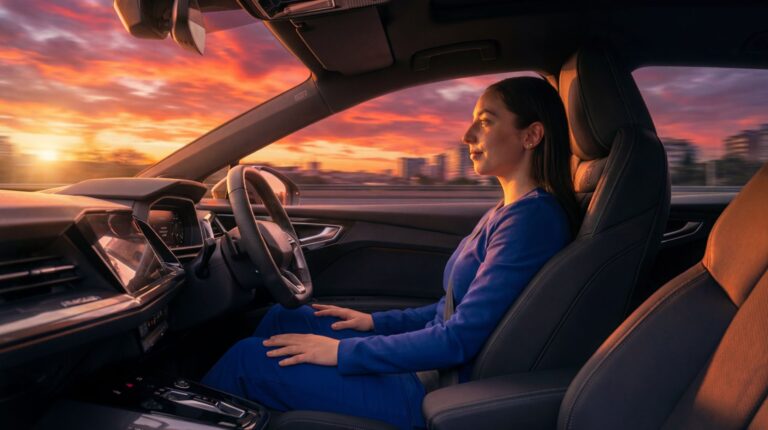 A woman in the driving seat of a vehicle with 'hands off, eyes on' driving systems. The sun is setting over the horizon in the distance.