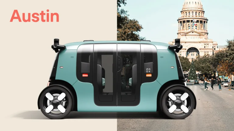 A Zoox robotaxi vehicle on an image that has the company logo on the left and a urban streetscape from San Francisco.