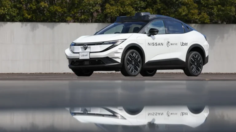 Nissan LEAF, powered by the Wayve AI Driver, available to riders through Uber in late 2026.