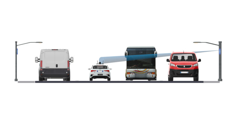 An illustration of a van, a truck, an SUV and a small car driving side-by-side on a road. They are communicating with roadside antennas.