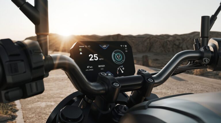 The Harman Ready Ride end-to-end connectivity platform on a motorcycle riding down a rural road in low-light.