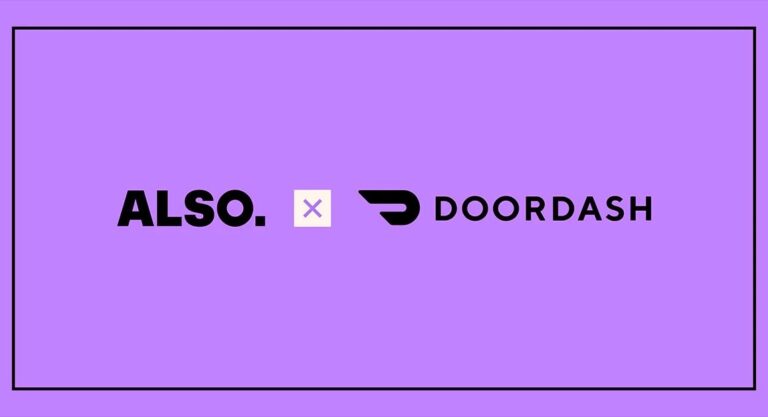 DoorDash and Also logos on a pink background.