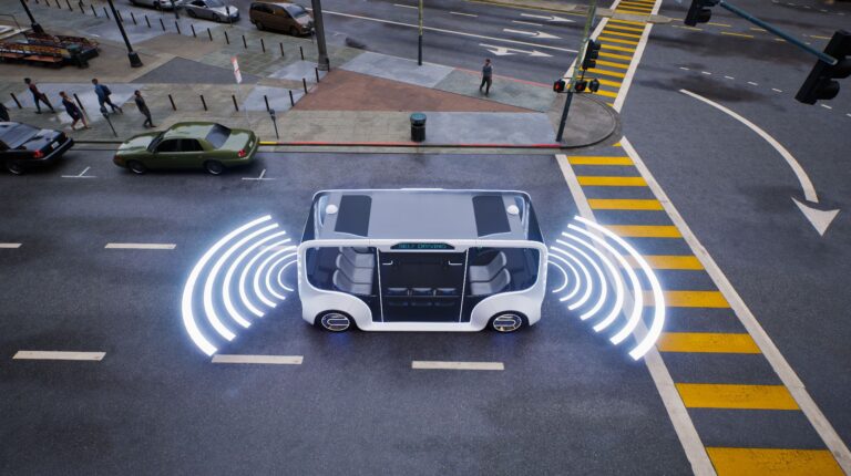 An autonomous vehicle at an urban intersection with lights illustrating its sensors and AV tech.