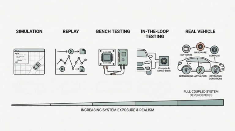 Feature*: Integration failures that only appear on real vehicles A diagram demonstrating how simulation, replay, and bench or in-the-loop testing each expose part of the system; and that the real vehicle is where those dependencies meet at once