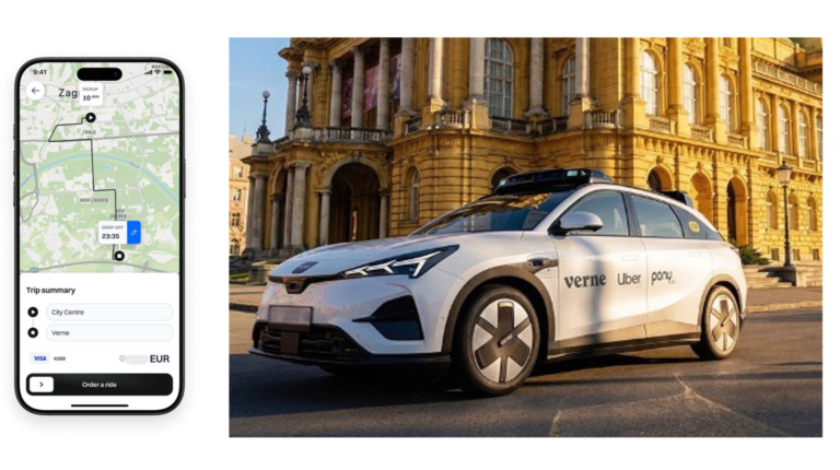 A Pony AI Robotaxi parked on a city street in Zagreb, with the Uber app displayed on a smartphone on the left hand side of the image.