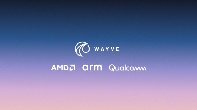 AMD, Arm and Qualcomm Ventures and Wayve logos on a blue and pink background.