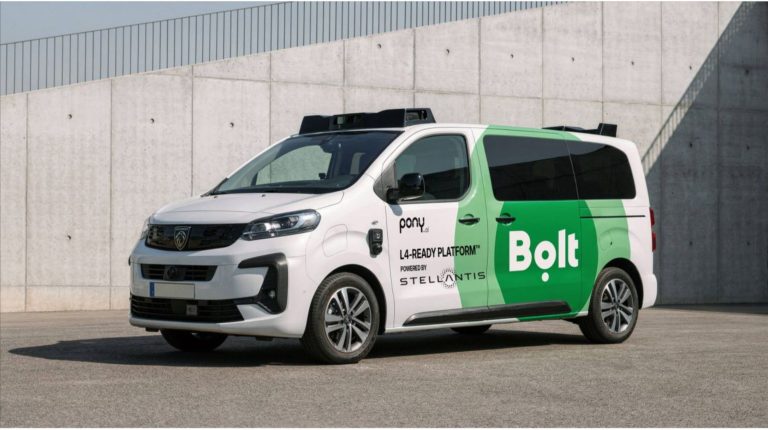 Bolt, Pony.ai and Stellantis launch autonomous mobility testing project in Luxembourg A white and green autonomous vehicle with Bolt, Pony.ai and Stellantis logos on the side.