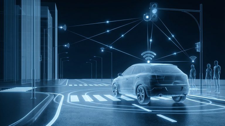 Road safety, ADAS and the role of big data accuracy and sensor technology A digital rendering shows a car at a crosswalk communicating with traffic signals, buildings, and pedestrians via wireless network connections.