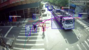 An example of data collected by a street activity sensor, with mapping of movement by pedestrians, cyclists, and cars at an intersection.