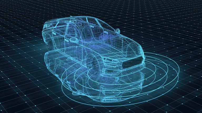 A schematic diagram of a car against a dark blue background with a grid.