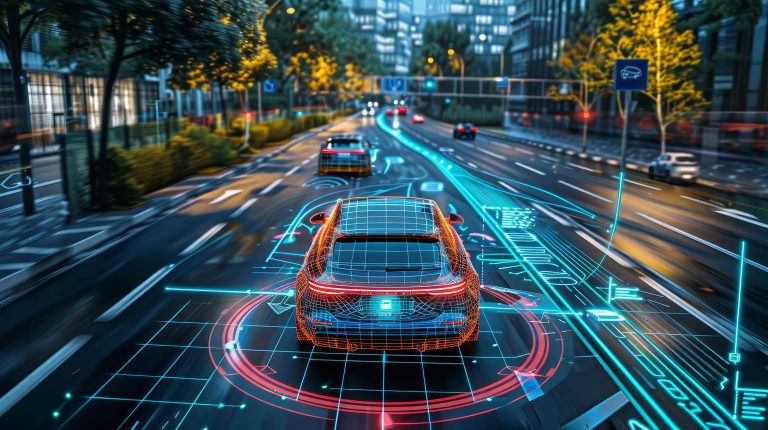 A connected autonomous vehicle drives through an urban landscape.