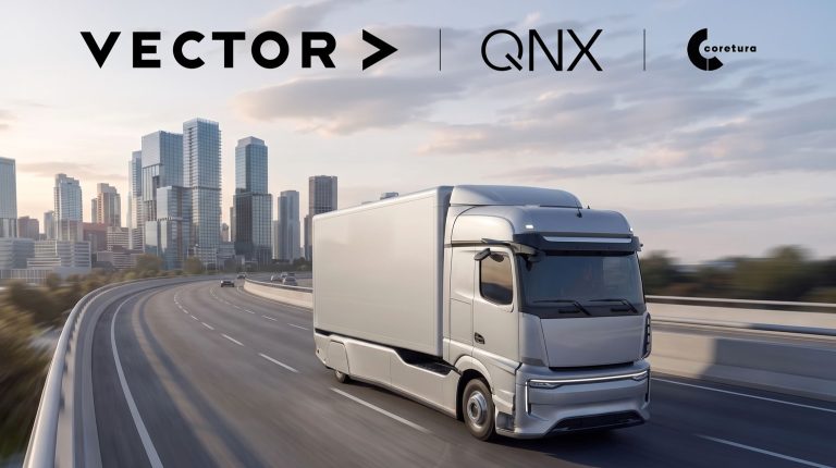 A grey autonoous truck drives along a raised highway in a futuristic urban environment with a city skyline in the background.