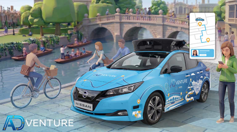 WMG and Nissan partner to bring future mobility services to UK streets A light blue Nissand AV with WMG and ADventure written on the side on an animated city environment.