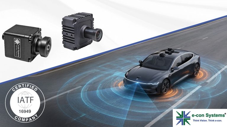 E-Con Systems earns IATF 16949: 2016 certification Automotive cameras and a diagram of a vehicle with orange circles around the wheels and underneath to demonstrate its sensors.