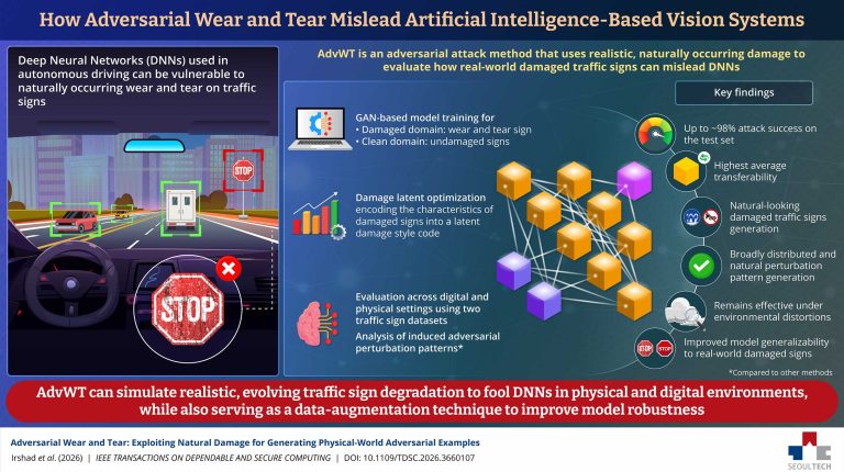 A diagram demonstrating a new framework that generates realistic wear and tear on traffic signs to show how this wear can mislead AI recognition systems.